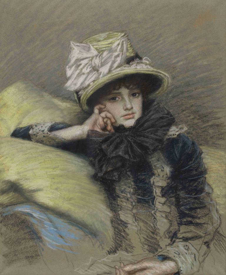 Portrait de jeune femme,Porträtt av en ung kvinna,James Tissot,Oljemålning,Oljemålning, solo, hatt, 1 tjej