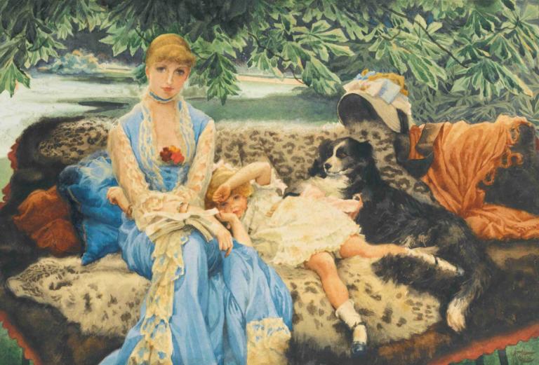 Quiet,James Tissot,Oil Painting,Oil Painting, multiple girls, dress, blonde hair, sitting, black hair, flower