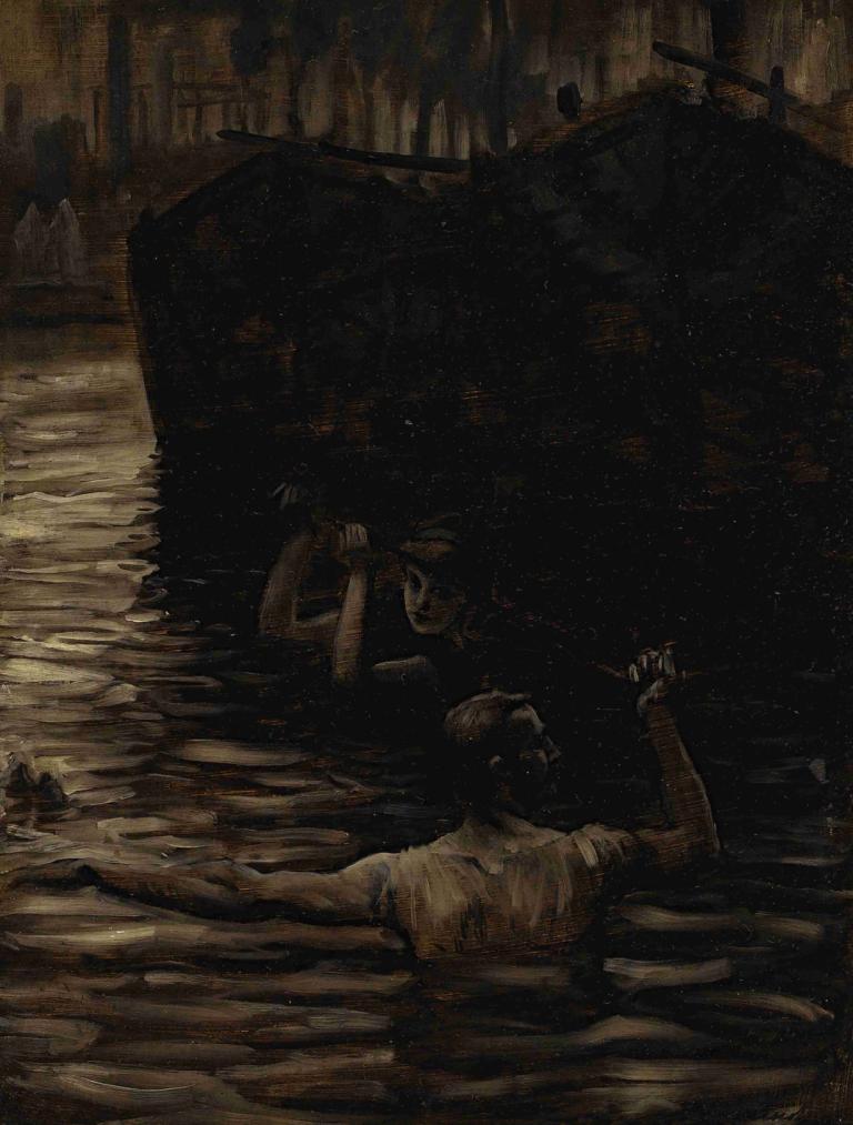 Renée and Reverchon Swimming in the Seine,Renée in Reverchon plavata v Seni,James Tissot,Oljna slika