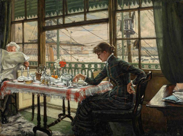 Room Overlooking the Harbour,James Tissot,Oil Painting,Oil Painting, table, window, chair, flower, sitting