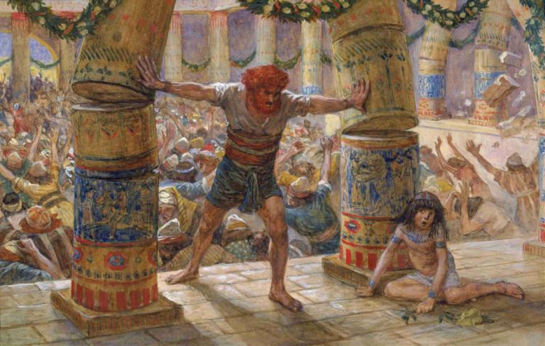 Samson Puts Down the Pillars,Samson legger ned søylene,James Tissot,Oljemaleri,Oljemaleri, flere gutter