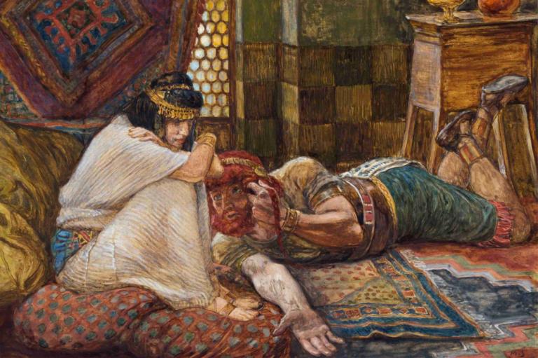 Samson Reveals His Secret to Delilah,James Tissot,Oil Painting,Oil Painting, multiple boys, 2boys, red hair