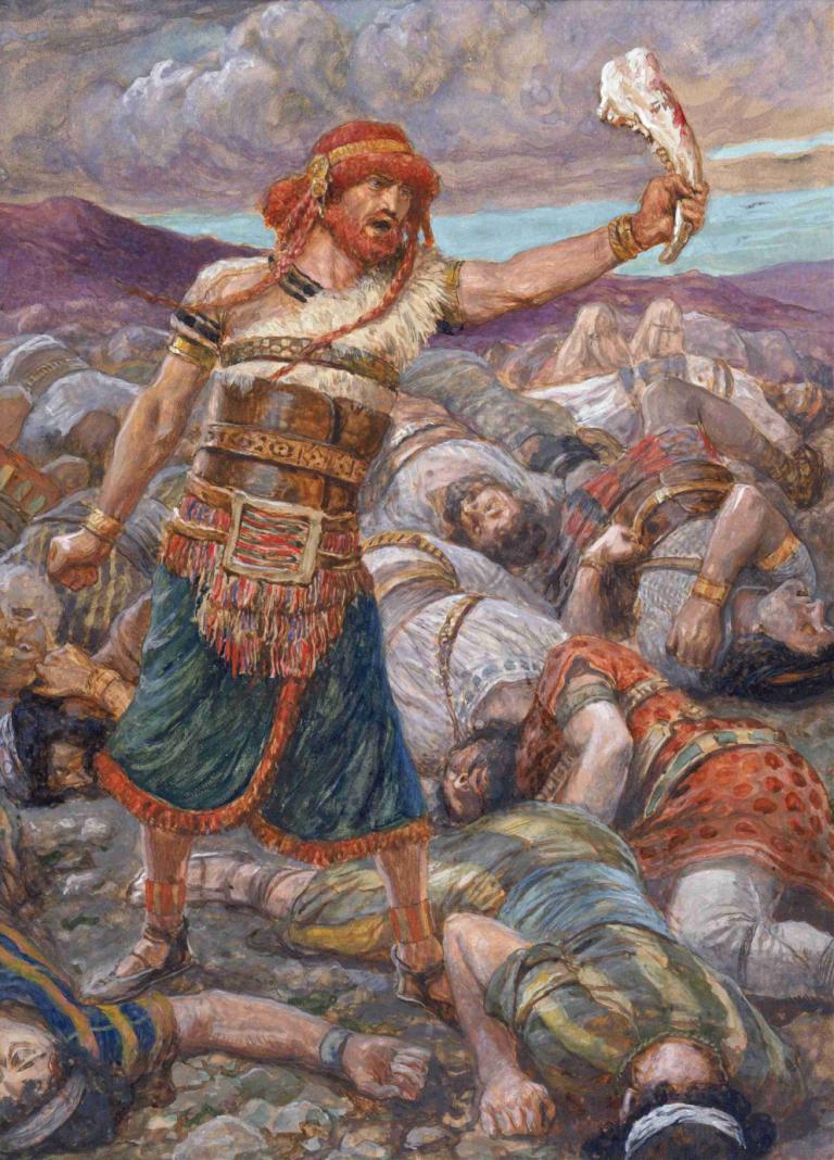 Samson Slays a Thousand Men,James Tissot,Oil Painting,Oil Painting, multiple boys, jewelry, cloud, beard