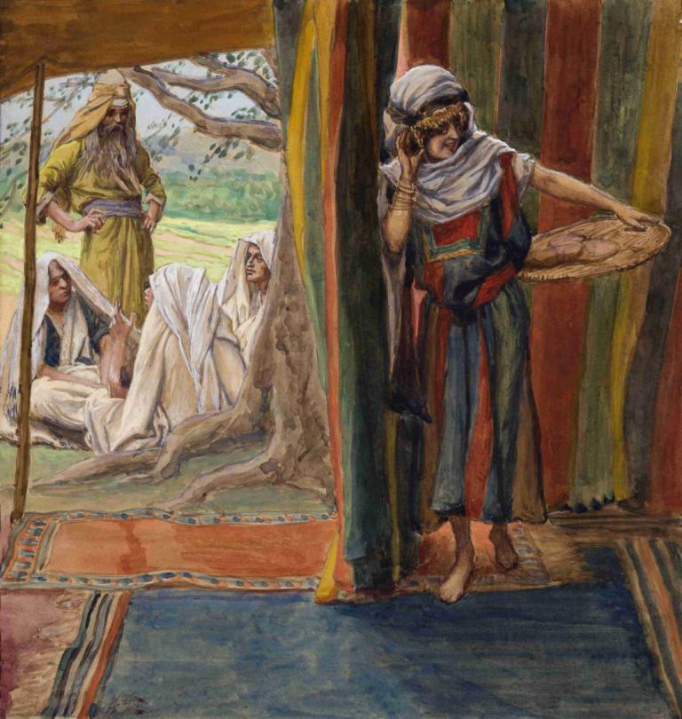 Sarah Hears and Laughs,Sarah hører og ler,James Tissot,Oljemaleri,Oljemaleri, flere gutter, kunstparodi