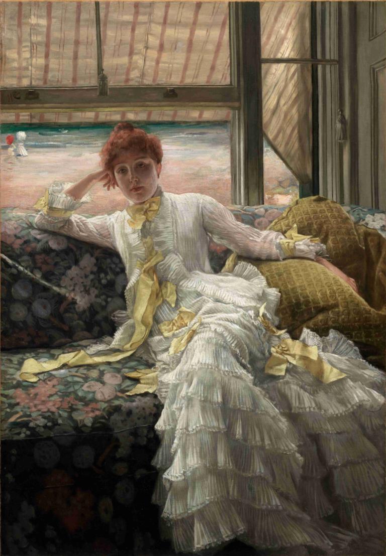 Seaside,James Tissot,Oil Painting,Oil Painting, 1girl, dress, solo, bow, white dress, gloves