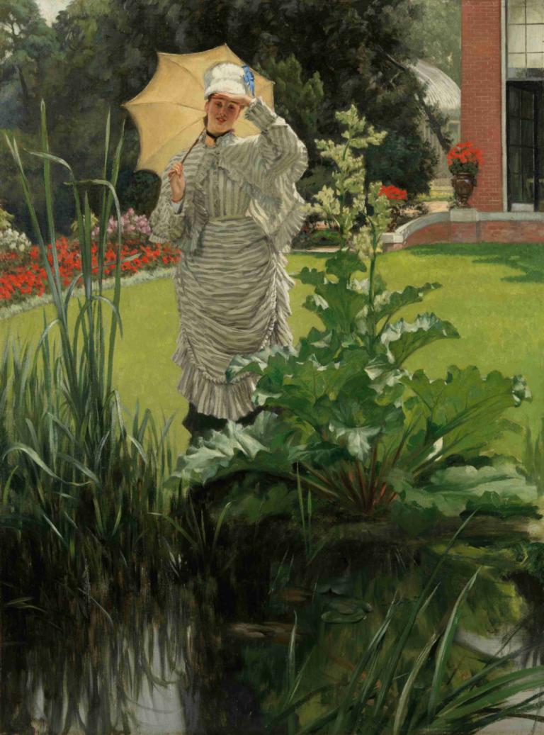 Spring Morning,James Tissot,Oil Painting,Oil Painting, 1girl, umbrella, dress, solo, outdoors, hat, flower