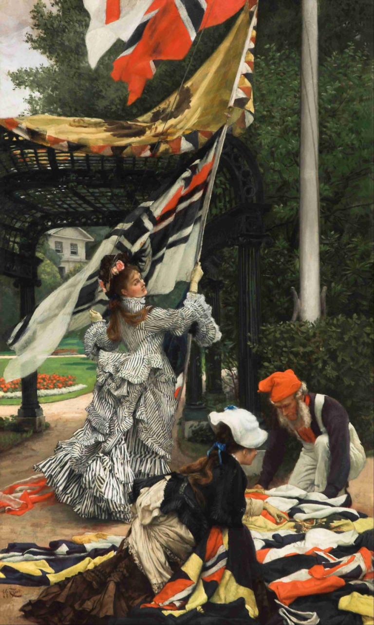 Still On Top,James Tissot,Oil Painting,Oil Painting, flag, fine art parody, outdoors, hat, tree