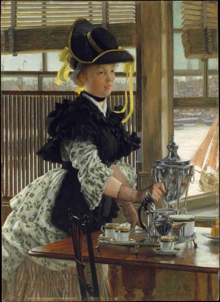 Tea,James Tissot,Oil Painting,Oil Painting, 1girl, solo, hat, table, cup, fine art parody, teapot