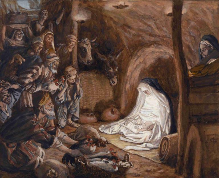 The Adoration of the Shepherds,James Tissot,Oil Painting,Oil Painting, multiple boys, 6+boys, beard