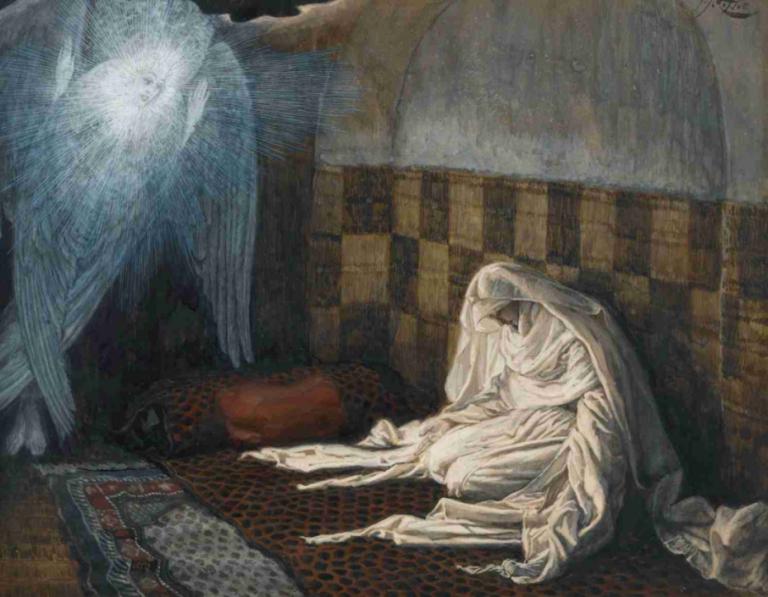 The Annunciation,"ข่าวดี",James Tissot,เจมส์ ทิสโซต์,จิตรกรรมสีน้ำมัน,จิตรกรรมสีน้ำมัน, นั่ง, ผ้าห่ม, นก