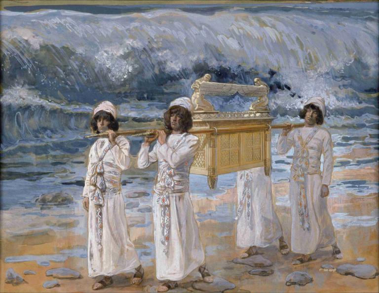 The Ark Passes Over the Jordan,箱舟、ヨルダン川を渡る,James Tissot,ジェームズ・ティソ,油絵,油絵, 複数の男の子, 楽器, フルート, 黒髪, 屋外, 帽子