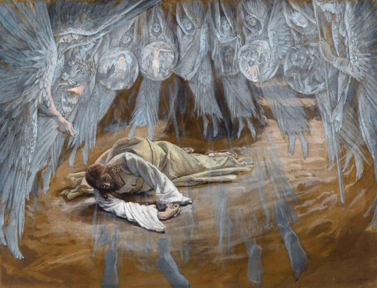 The Grotto of the Agony,James Tissot,Oil Painting,Oil Painting, brown hair, lying, long sleeves, weapon