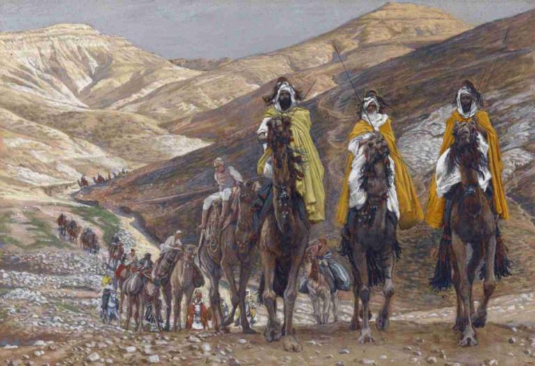 The Magi Journeying,James Tissot,Oil Painting,Oil Painting, horse, multiple boys, weapon, cape