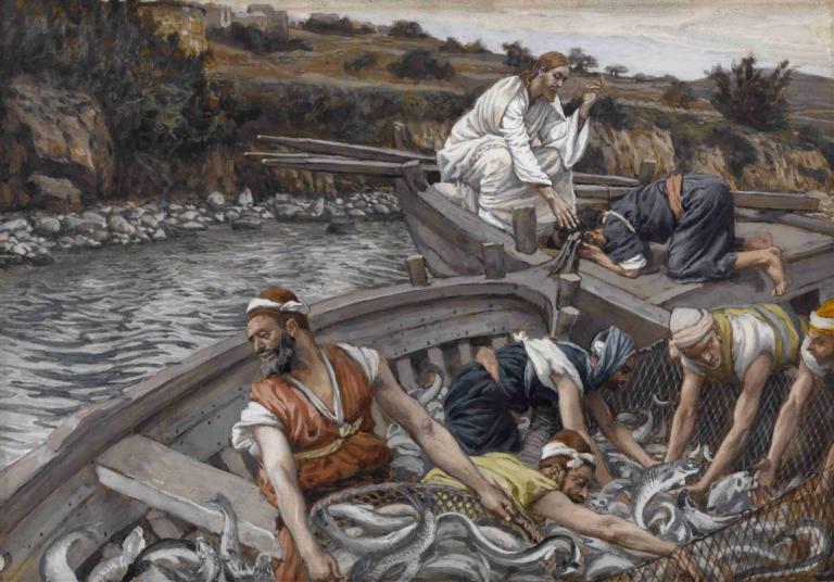 The Miraculous Draught of Fishes,奇跡の魚の水揚げ,James Tissot,ジェームズ・ティソ,油絵,油絵, 複数の男の子, 水上バイク, 美術パロディ, あごひげ, 顔の毛