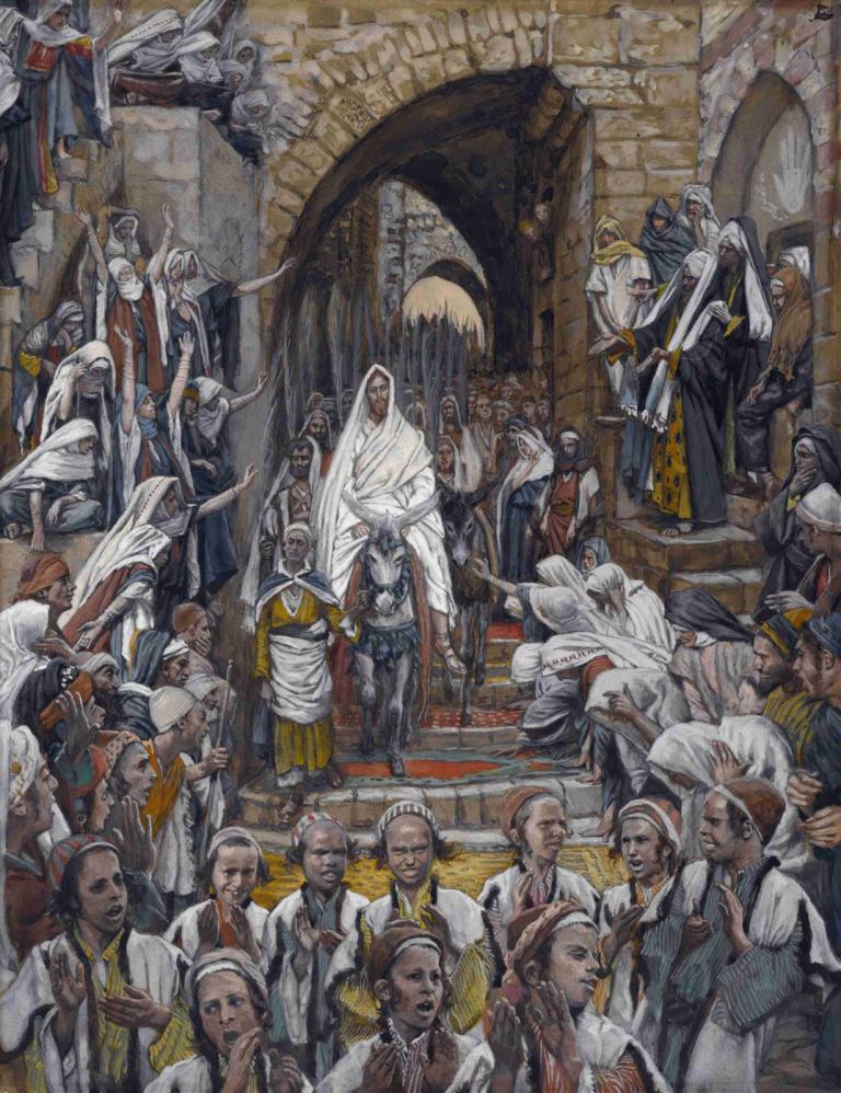 The Procession in the Streets of Jerusalem,James Tissot,Oil Painting,Oil Painting, 6+boys, multiple girls