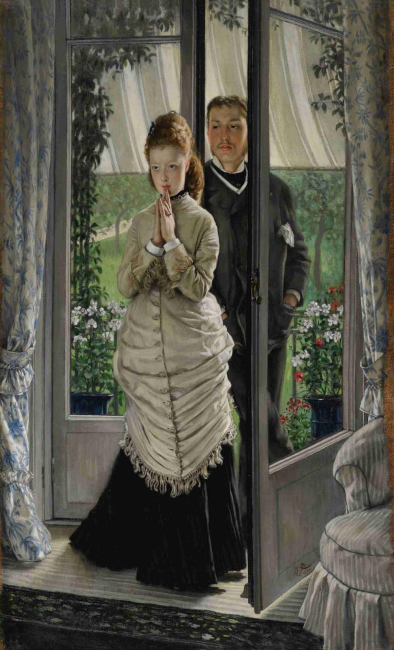 The Proposal,James Tissot,Oil Painting,Oil Painting, 1girl, dress, flower, 1boy, plant, own hands together