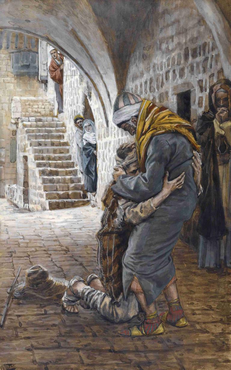 The Return of the Prodigal Son,James Tissot,Oil Painting,Oil Painting, multiple boys, stairs, hug, hat