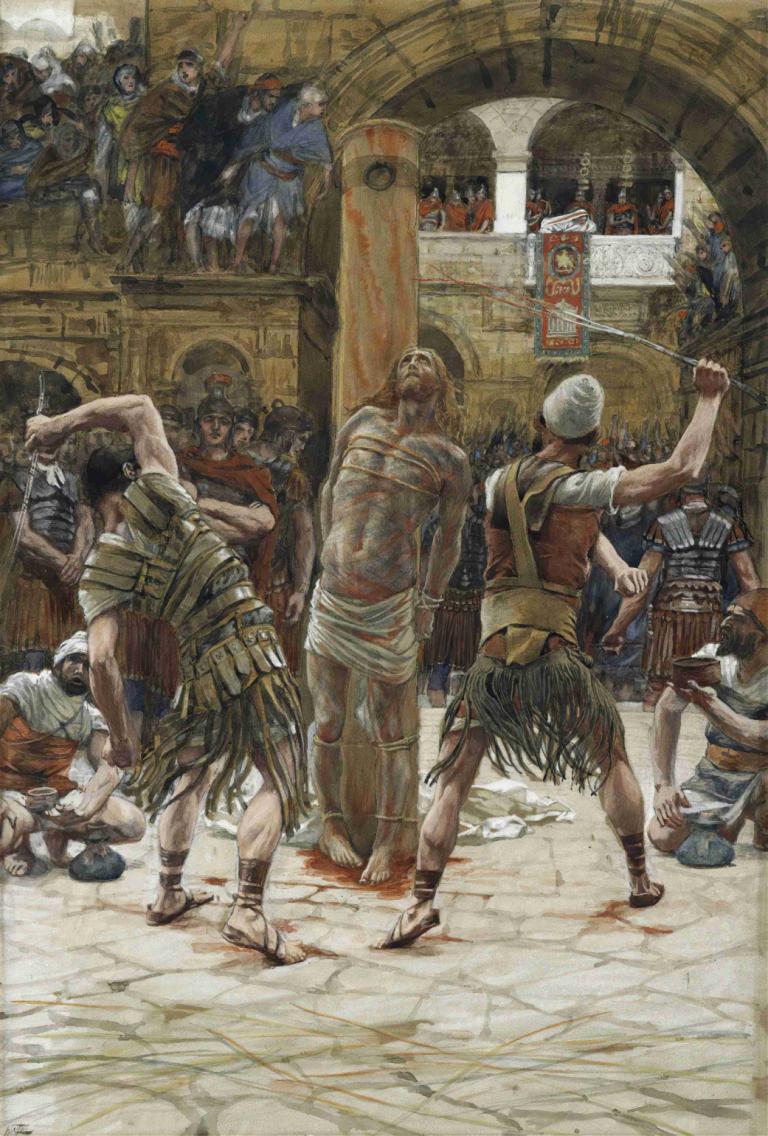 The Scourging on the Front,James Tissot,Oil Painting,Oil Painting, 6+boys, weapon, multiple boys, armor