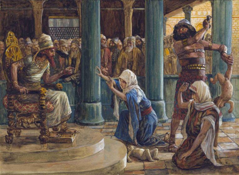 The Wisdom of Solomon,James Tissot,Oil Painting,Oil Painting, multiple boys, 6+boys, kneeling, weapon