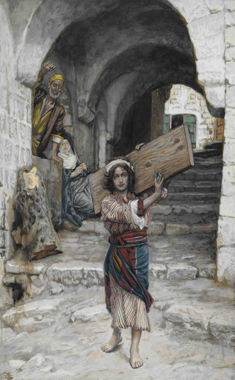 The Youth of Jesus,James Tissot,Oil Painting,Oil Painting, barefoot, 1girl, stairs, traditional media