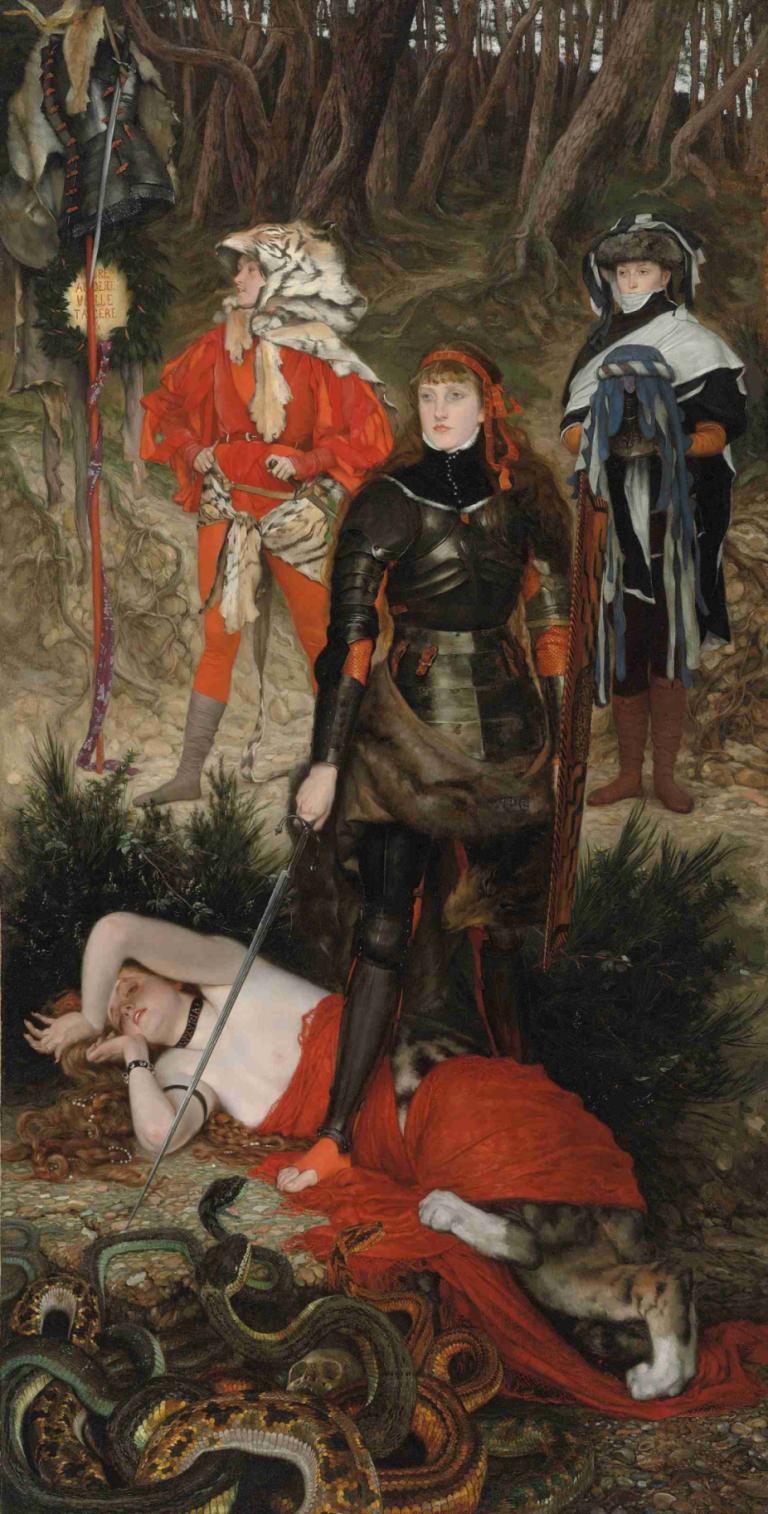 Triumph of the Will - The Challenge,James Tissot,Oil Painting,Oil Painting, weapon, sword, multiple girls