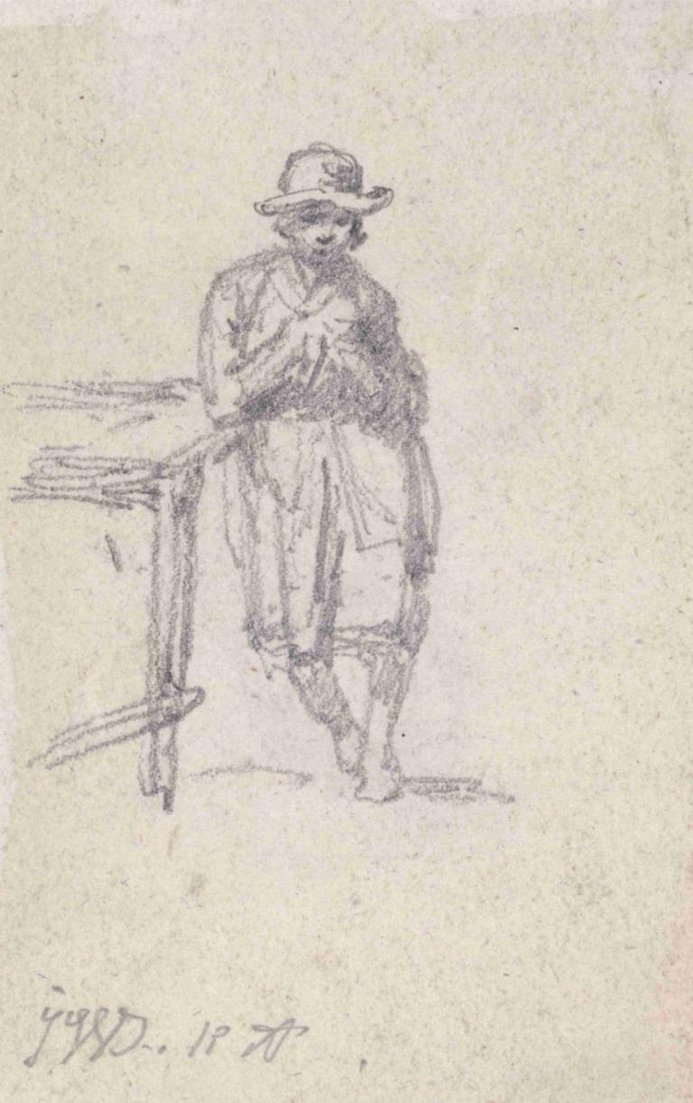 A Boy Leaning against a Table,James Ward,Sketch,Sketch, 1boy, hat, solo, male focus, monochrome, sketch