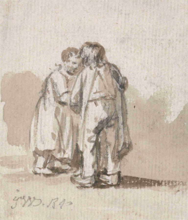 A Boy and Girl Conversing,James Ward,Sketch,Sketch, multiple boys, monochrome, 2boys, standing, ikari shinji