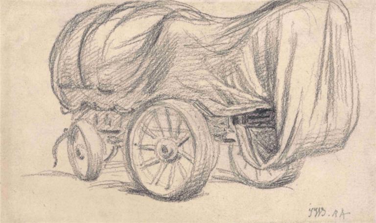 A Broad-Wheeled Road Waggon,James Ward,Sketch,Sketch, monochrome, traditional media, ground vehicle, sketch