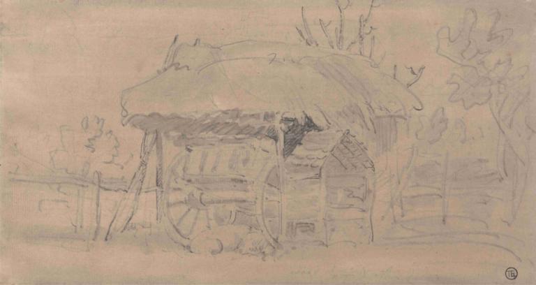 A Farm Cart,James Ward,Sketch,Sketch, tree, no humans, sketch, monochrome, traditional media, outdoors