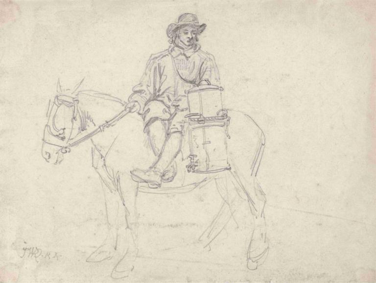 A Farmhand Riding Side-saddle, Carrying an Urn,James Ward,Sketch,Sketch, horse, 1boy, male focus, hat