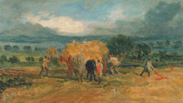 A Harvest Scene with Workers Loading Hay on to a Farm Wagon,James Ward,Oil Painting,Oil Painting, outdoors