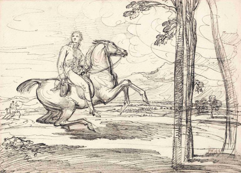 A Horseman in a Landscape,Een ruiter in een landschap,James Ward,Koperplaatetsing,Koperplaatetsing, boom