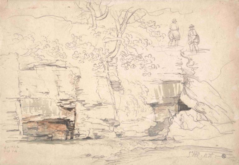 A Rocky Hillside with Trees and Figures,James Ward,Sketch,Sketch, tree, monochrome, hat, traditional media