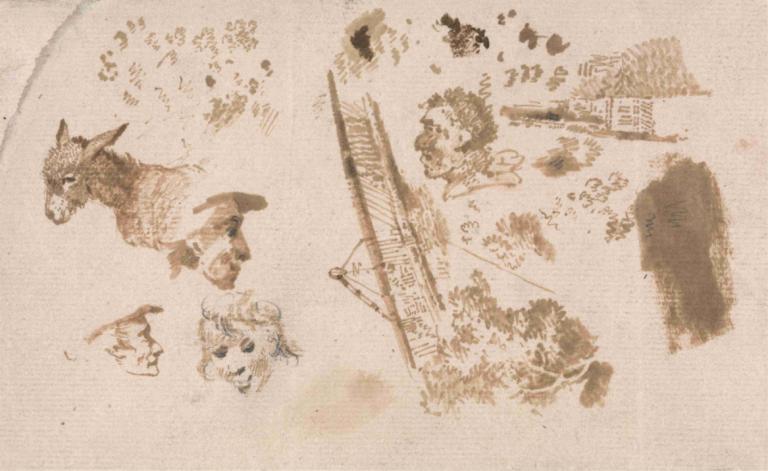 A Sheet of Slight Sketches,Een blad met lichte schetsen,James Ward,Schetsen,Schetsen, hond, monochroom