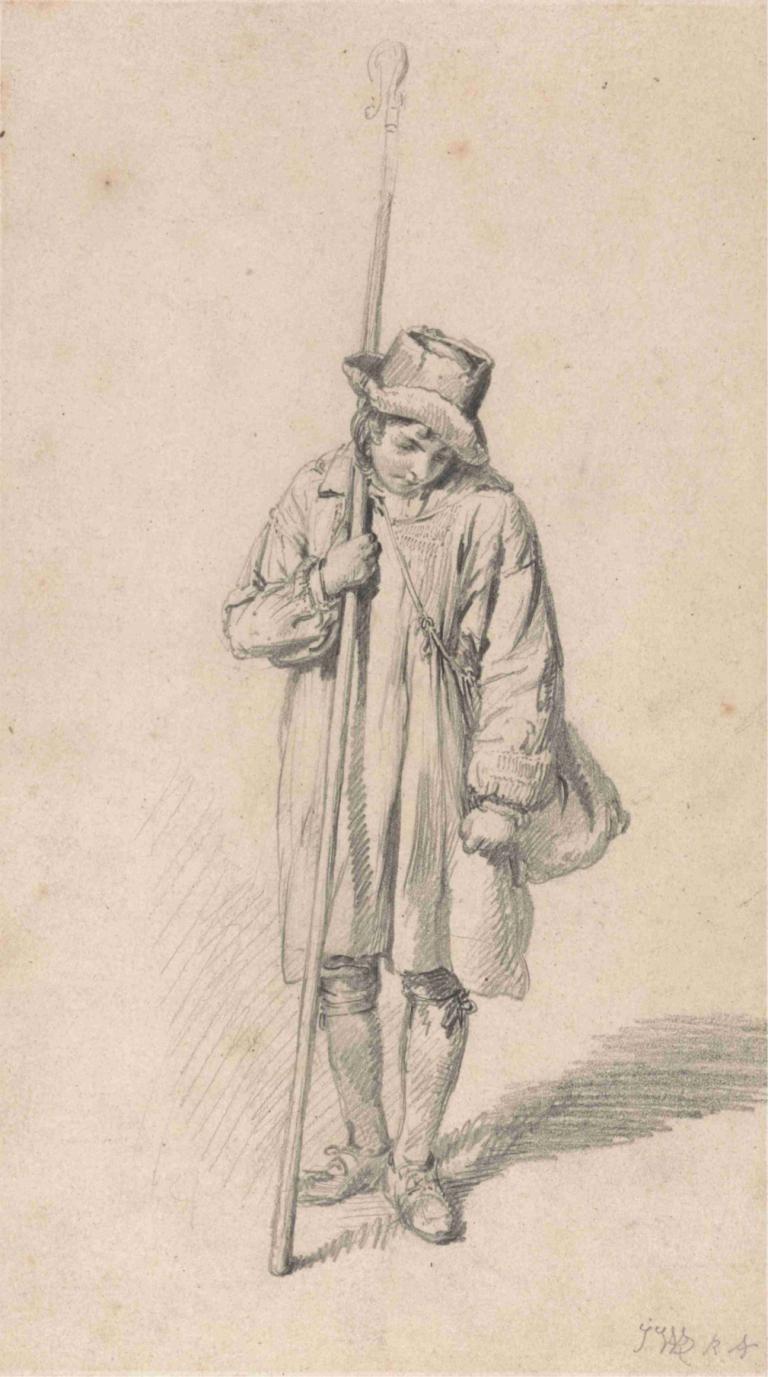 A Shepherd Boy,James Ward,Luonnos,Luonnos, 1 poika, hattu, yksin, miehen keskittyminen, yksivärinen, parta