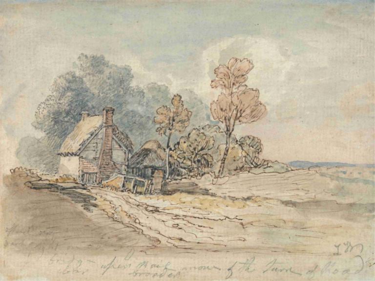 A Thatched Cottage and Trees at the Turn of a Country Road,시골길 모퉁이에 있는 초가집과 나무들,James Ward,제임스 워드,컬러 스케치