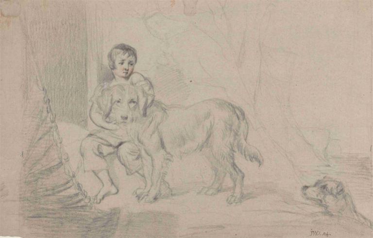 A Young Boy with Dogs,En ung pojke med hundar,James Ward,Skiss,Skiss, hund, svartvit, skiss