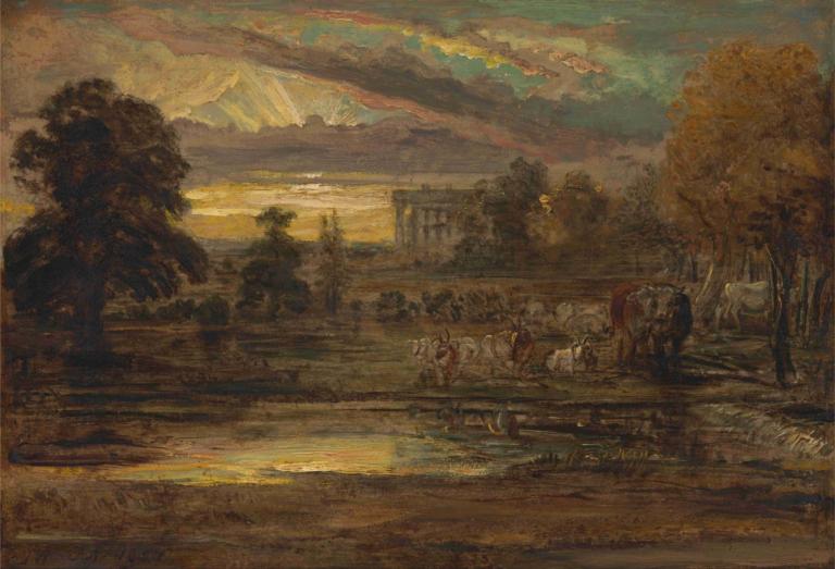 Cattle at a Pool at Sunrise,James Ward,Oil Painting,Oil Painting, tree, scenery, outdoors, no humans, sky