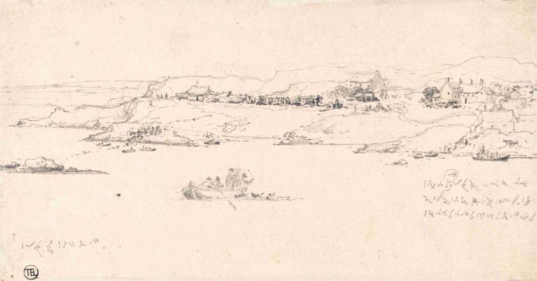 Coastal Village with Fishing Boats,James Ward,Sketch,Sketch, monochrome, traditional media, scenery