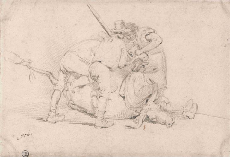 Delivering a Calf,James Ward,Sketch,Sketch, monochrome, weapon, dog, traditional media, 1girl, sketch