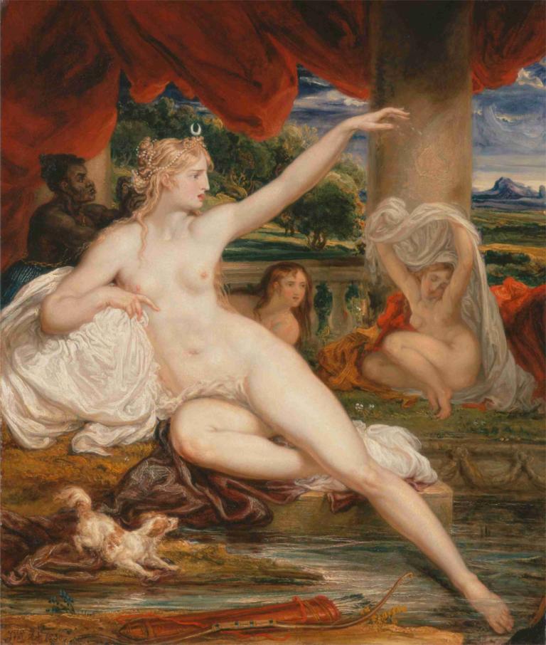 Diana at the Bath,Diana på badet,James Ward,Oljemaleri,Oljemaleri, kunstparodi, naken, parodi, bryster