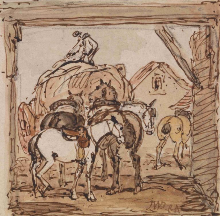 Farmyard and Horses,Boerderij en paarden,James Ward,Kleurenschets,Kleurenschets, traditionele media