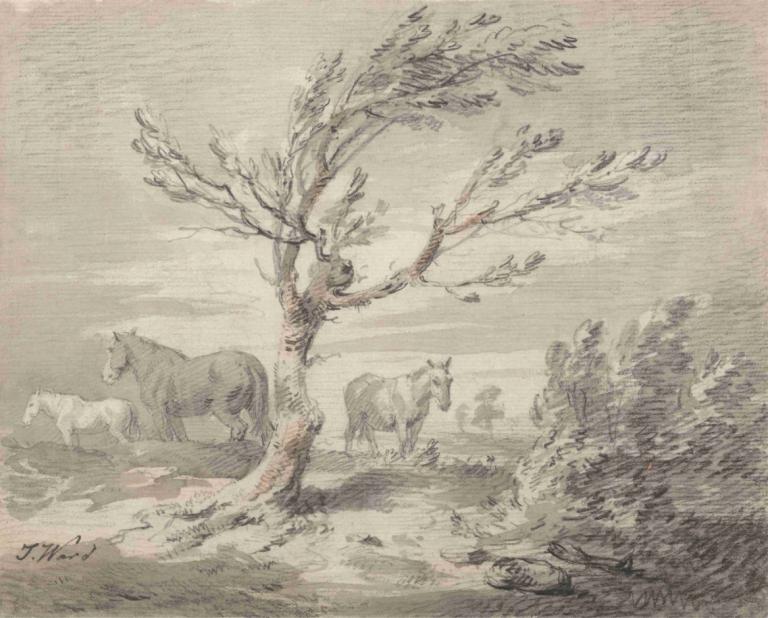 Landscape with Three Horses and a Tree in the Foreground,Lanskap dengan Tiga Kuda dan Pohon di Latar Depan