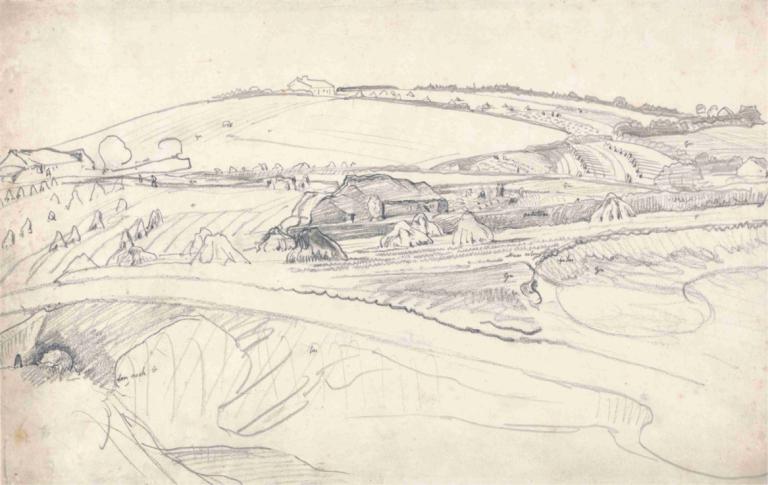 Landscape with a Farm and Cornstalks,Lanskap dengan Ladang dan Batang Jagung,James Ward,Sketsa,Sketsa