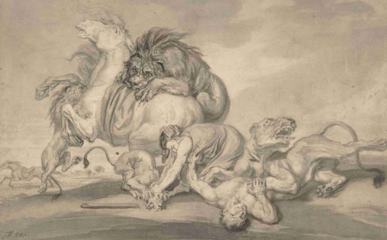 Lions Attacking Two Men and a Horse,James Ward,Sketch,Sketch, monochrome, fine art parody, lion, 1girl, animal