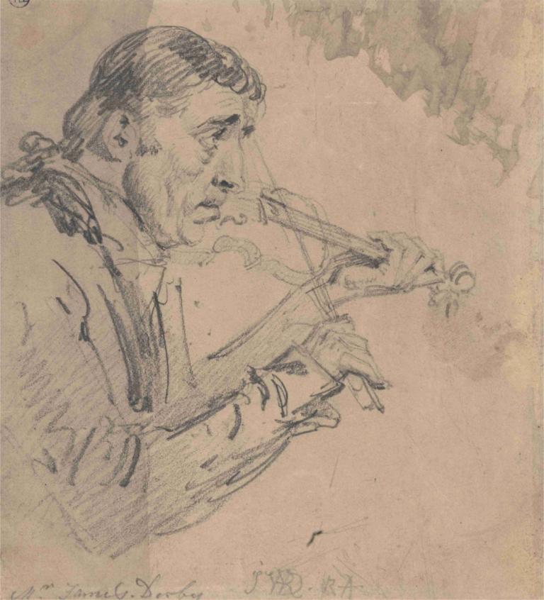 Mr. James Derby Playing the Violin,Bapak James Derby Memainkan Biola,James Ward,Sketsa,Sketsa, instrumen