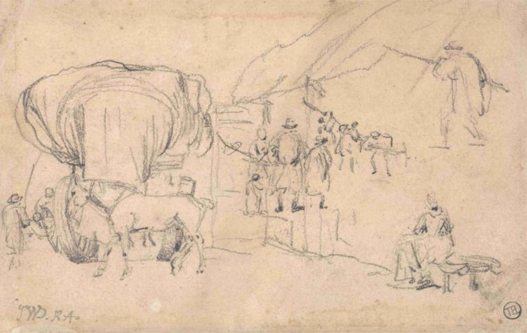 Sheet of Sketches; Wagon, Horse, Milkmaid and Other Figure Studies,Hoja de bocetos; carro, caballo