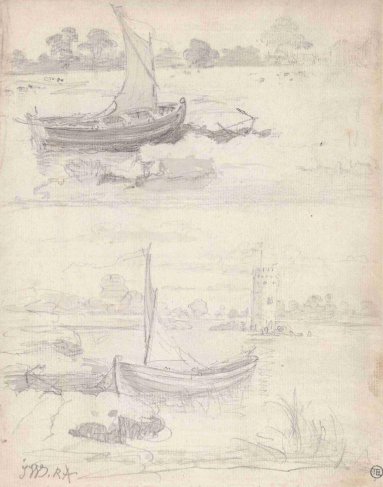 Studies of Boats on a Riverside,James Ward,Sketch,Sketch, watercraft, boat, monochrome, no humans