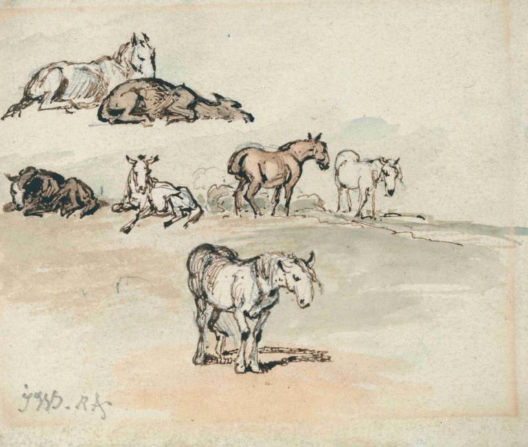 Studies of Horses,Studi tentang Kuda,James Ward,Sketsa Warna,Sketsa Warna, kuda, tidak ada manusia, satwa