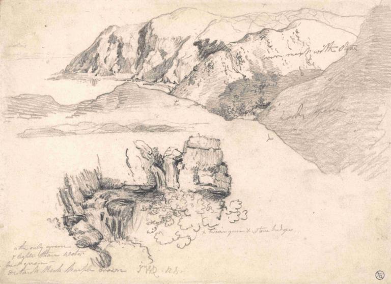 Studies of a Hilly Coast, and a Rocky Waterfall,Študije hribovite obale in skalnatega slapa,James Ward,Skica